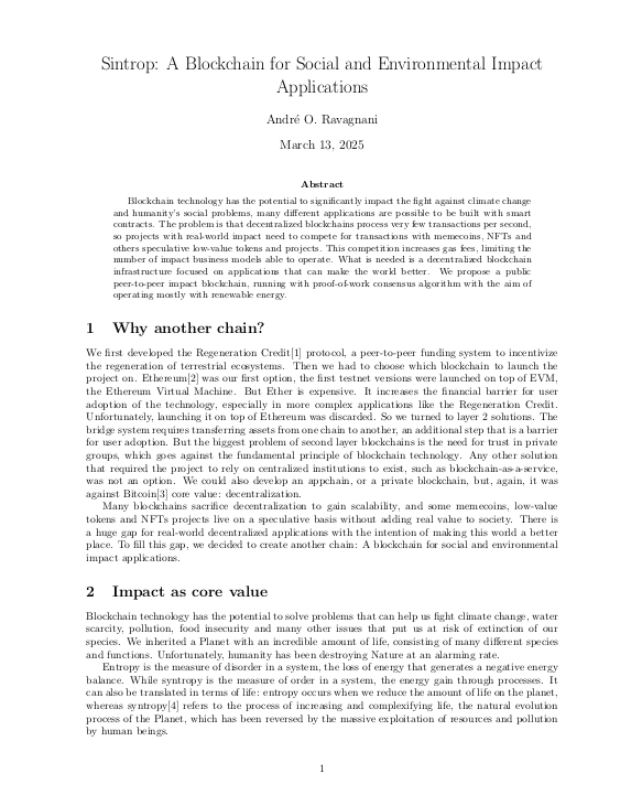 Capa do paper Sintrop: Uma Blockchain para Aplicações de Impacto Socioambiental